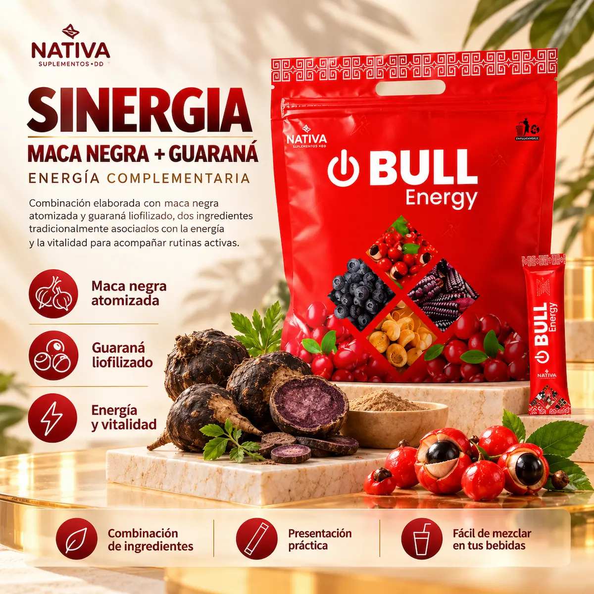 Infografía de la sinergia entre maca negra y guaraná en BULL