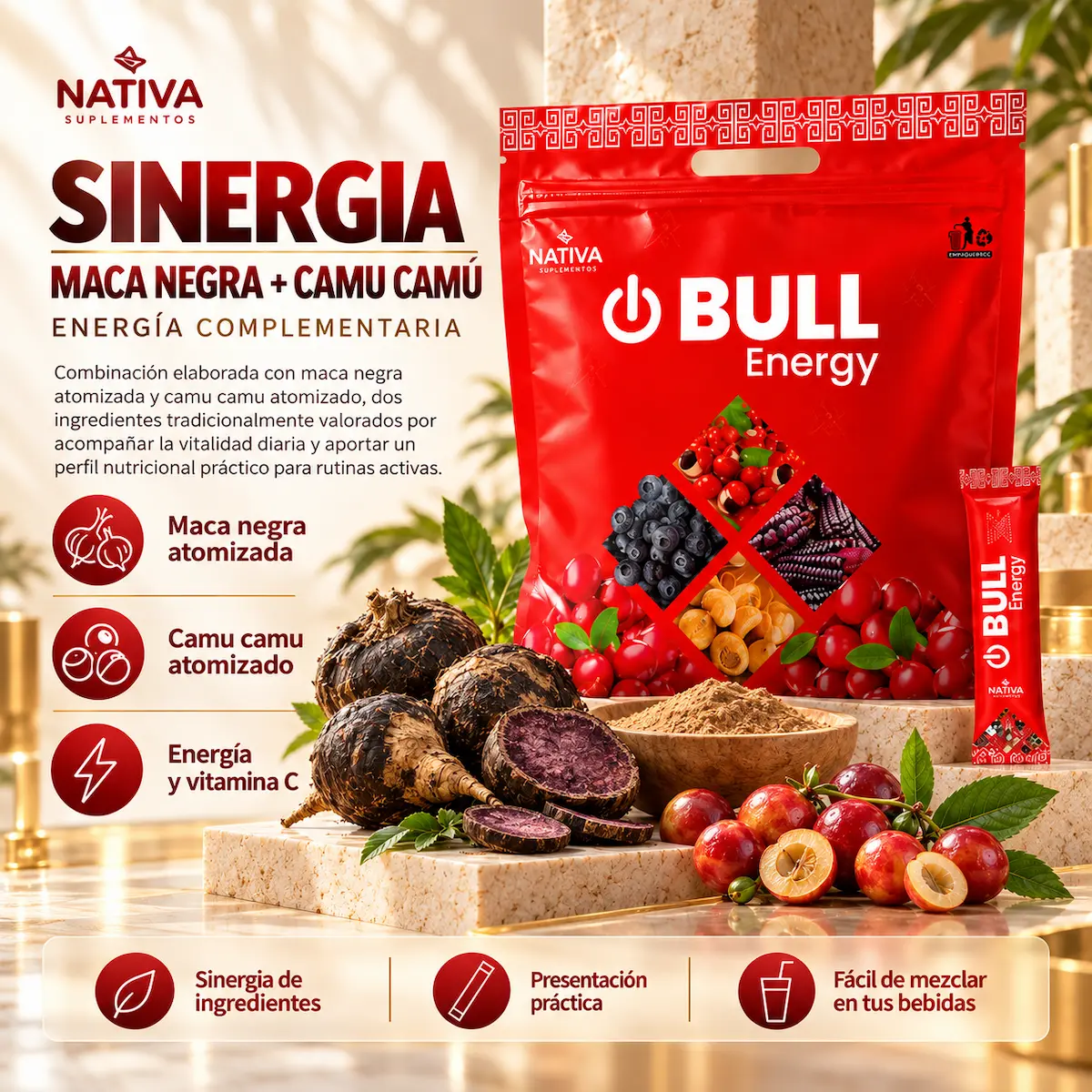 Maca negra y camu camu como parte de la fórmula BULL