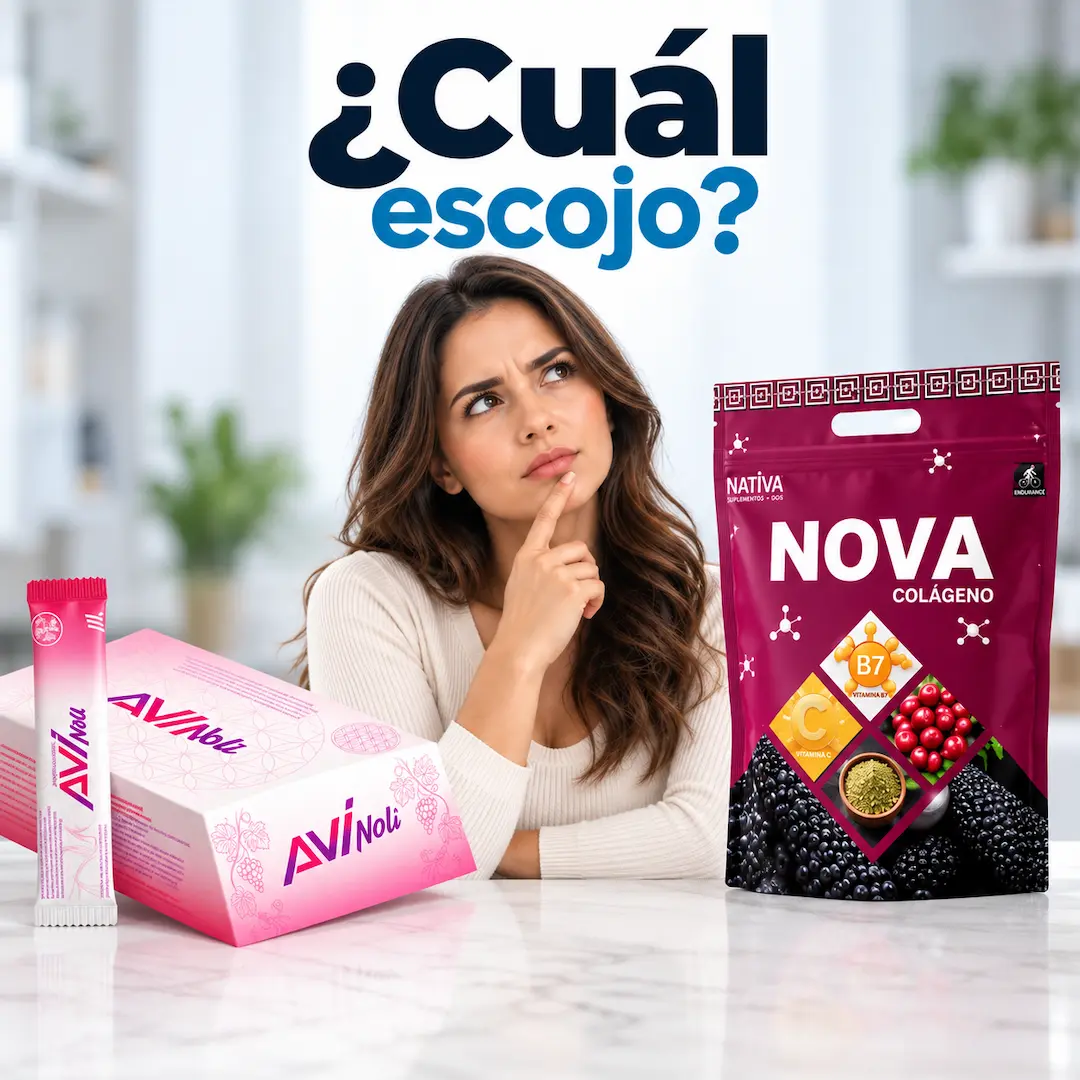 Comparativa AVI Noli vs Colágeno Nova · Nativa Colágeno Nova junto a AVI Noli, comparativa de dos marcas de colágeno con fórmulas diferentes