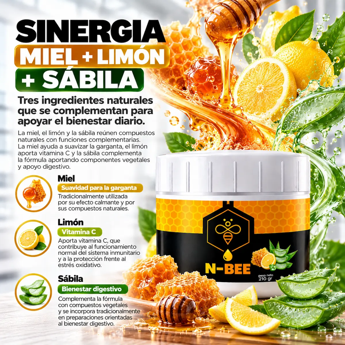 Infografía de la sinergia entre miel, limón y sábila en N-BEE