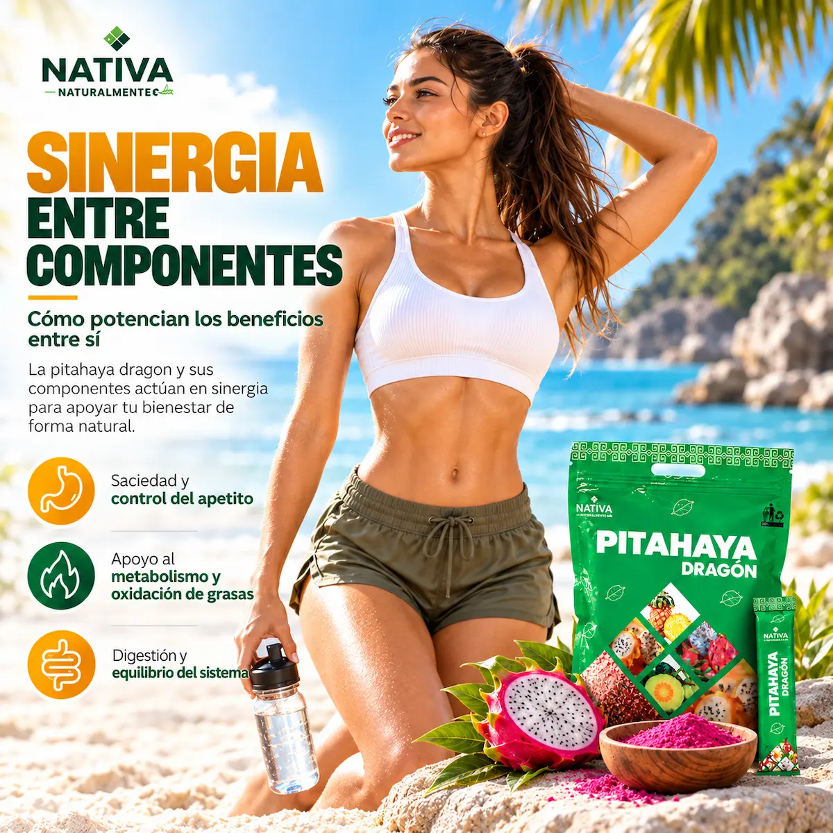 Infografía del vaso de Pitahaya Dragón con ondas de metabolismo activo y figura ligera hacia una silueta en forma