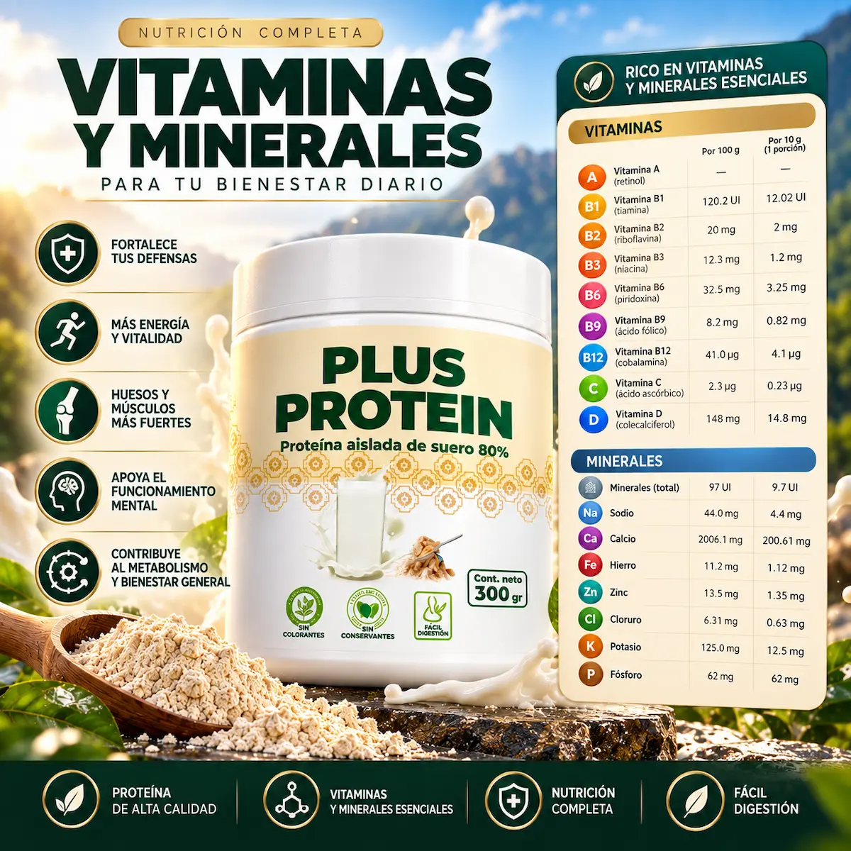 Vitaminas y minerales declarado en Plus Protein