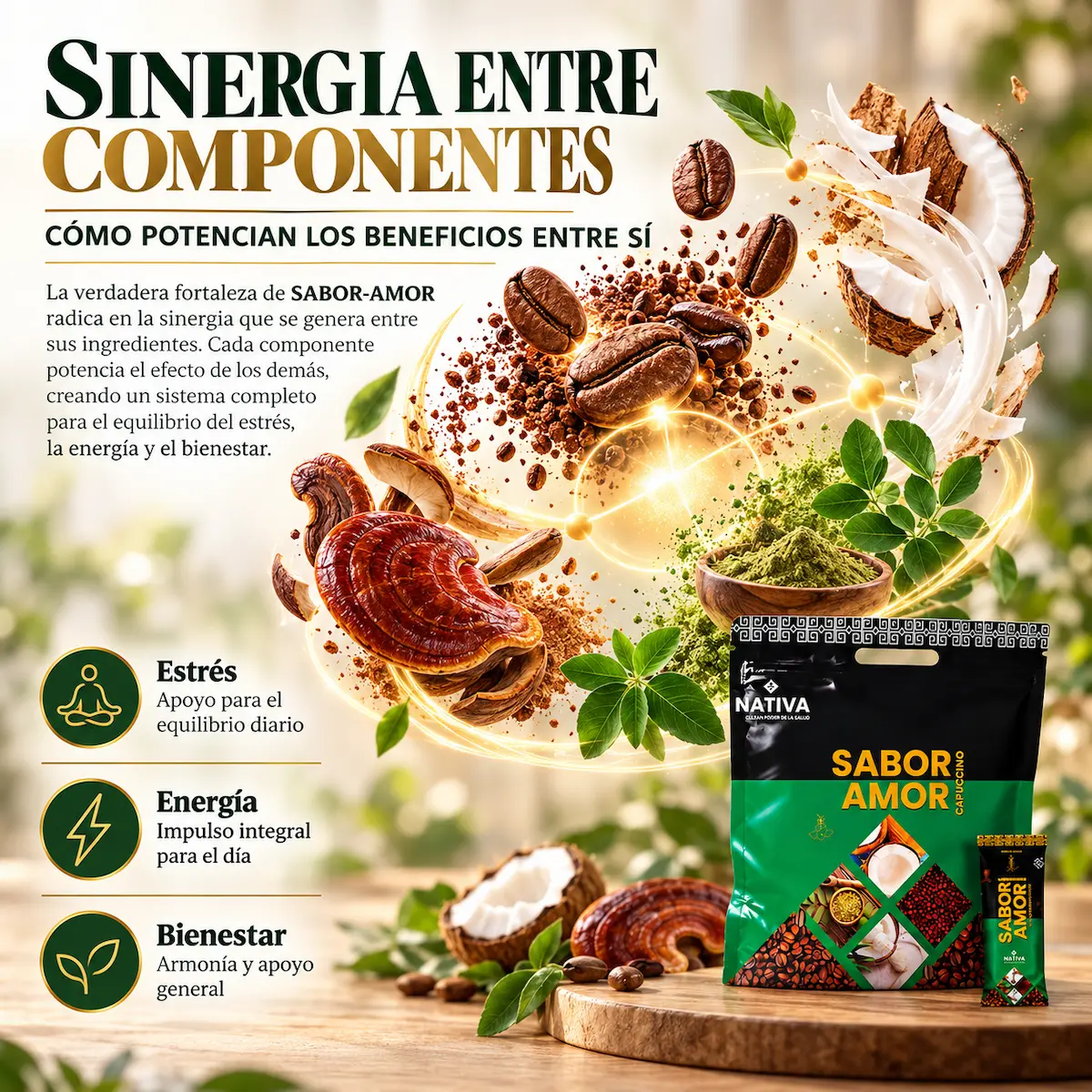 Infografía de la sinergia entre Ganoderma lucidum y moringa en SABOR-AMOR para el refuerzo inmunológico