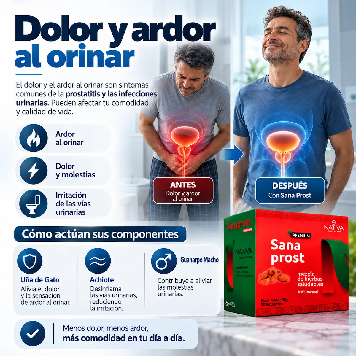 Información sobre dolor y ardor al orinar y Sana Prost