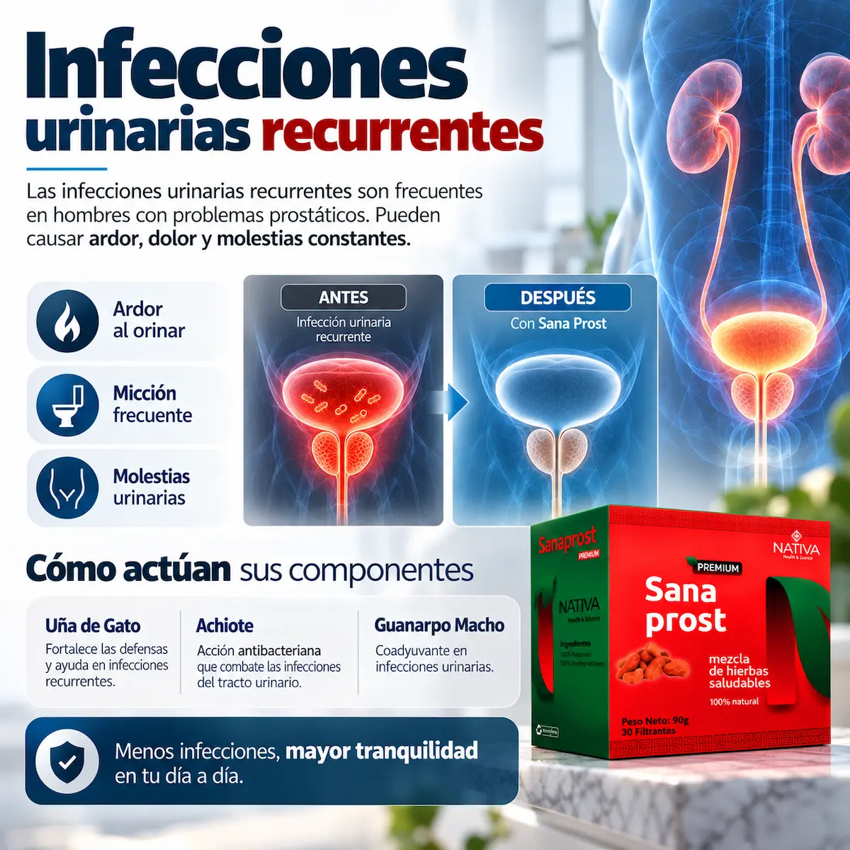 Información sobre infecciones urinarias recurrentes y Sana Prost