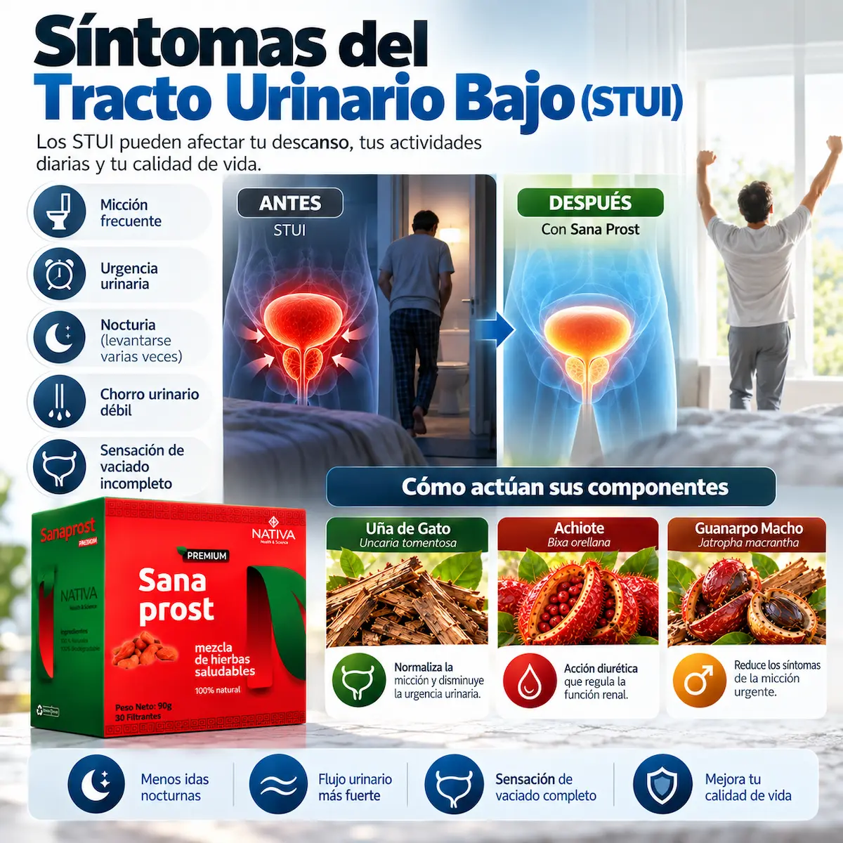 Información sobre síntomas urinarios bajos y Sana Prost