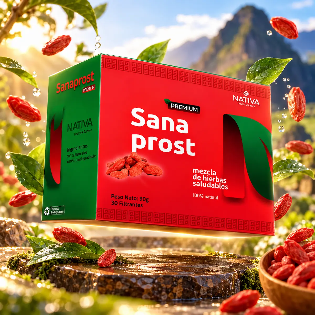 Caja oficial de Sana Prost con ingredientes herbales declarados