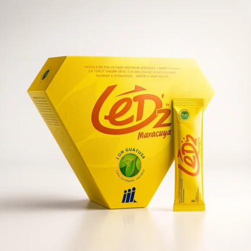 Empaque amarillo de LED2 Maracuyá con stick y silueta de cabeza con destello cerebral; frase “Enciende tus ideas”.