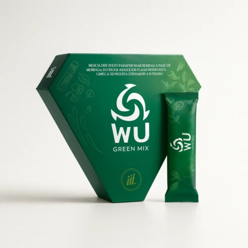 Mujer con smoothie verde junto a caja y stick de WU Green Mix; fondo verde con frase “El shot de micronutrientes”.