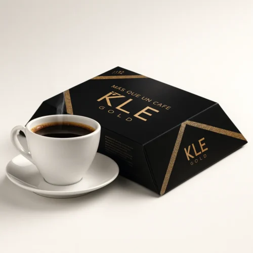 Mujer disfrutando una taza de café en la cama junto a stick de KLE Gold; frase “Más que un café”.