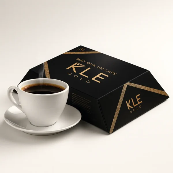 Mujer disfrutando una taza de café en la cama junto a stick de KLE Gold; frase “Más que un café”.