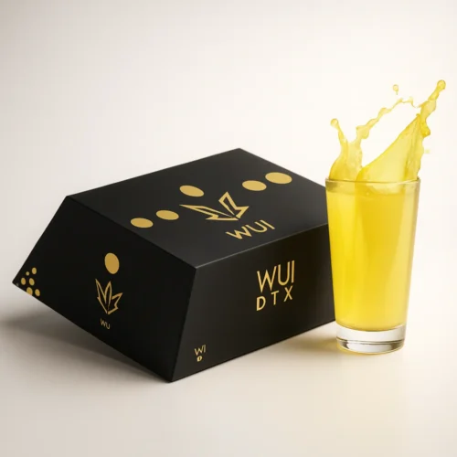 Hombre sosteniendo bebida detox amarilla; cajas y sticks de WUI DTX. Frase “Limpia y protege tu sistema digestivo”.