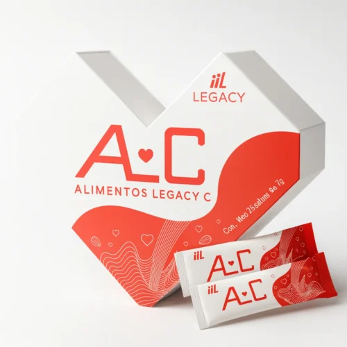 Familia disfrutando un batido mientras se muestra la caja y sticks de ALC Alimentos Legacy C; texto “¡El mejor batido nutricional!”.