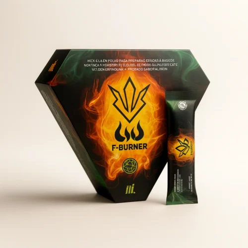 Empaque y stick de WU F-BURNER junto a pareja deportiva; bebida herbal sabor limón.