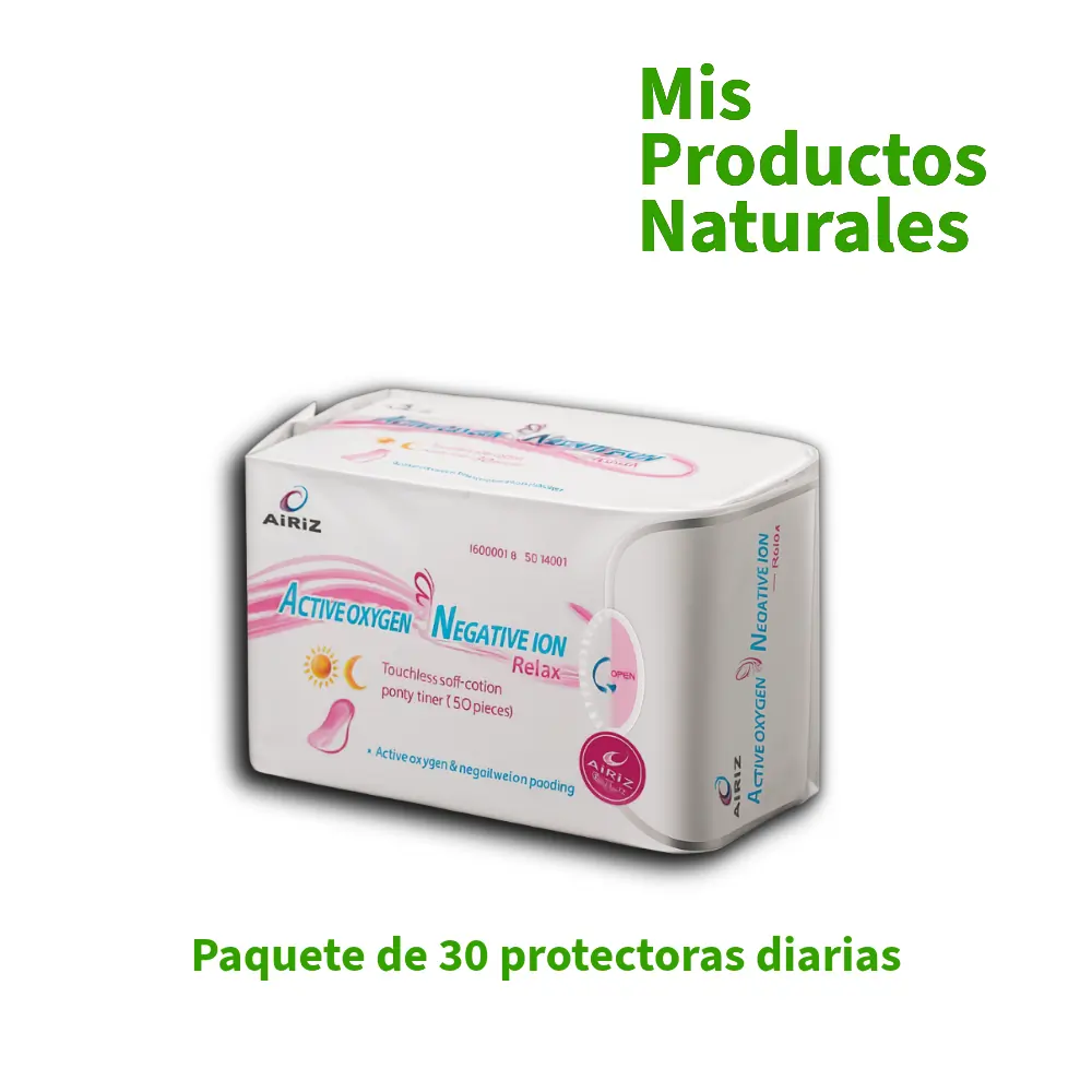 Protectora Diaria Airiz con oxígeno activo e iones negativos para cuidado íntimo femenino.