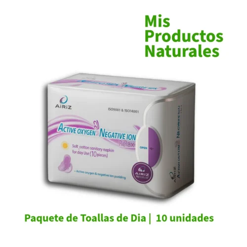 Toallas Higiénicas Airiz de Día con oxígeno activo e iones negativos para cuidado íntimo femenino.