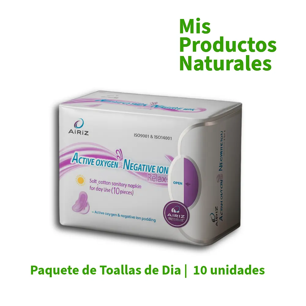 Toallas Higiénicas Airiz de Día con oxígeno activo e iones negativos para cuidado íntimo femenino.