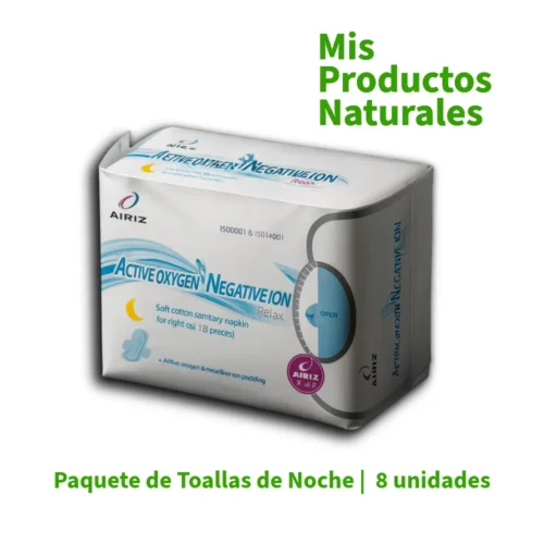 Toallas Higiénicas Airiz de Noche con oxígeno activo e iones negativos para cuidado íntimo femenino.