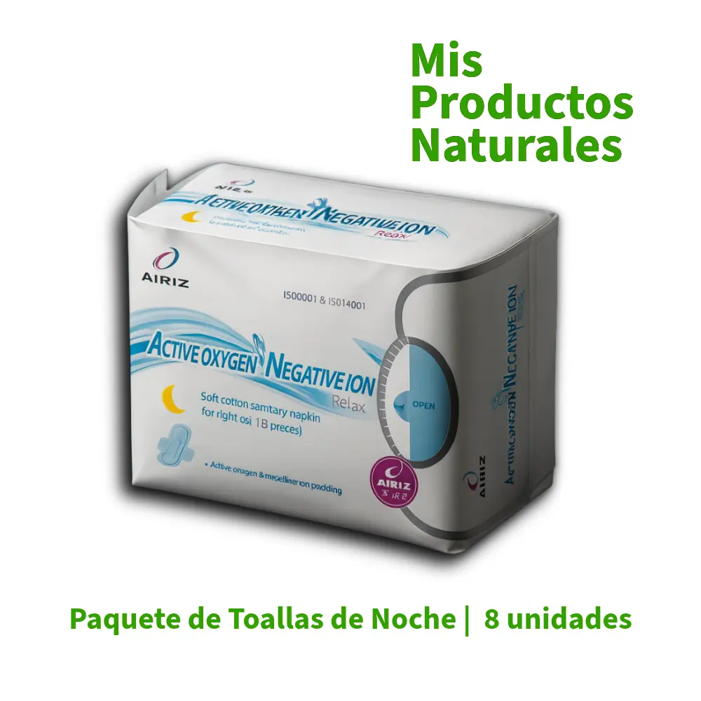 Toallas Higiénicas Airiz de Noche con oxígeno activo e iones negativos para cuidado íntimo femenino.