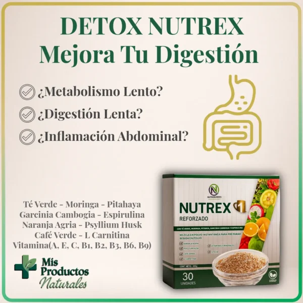 Hombre sosteniendo bebida detox amarilla; cajas y sticks de WUI DTX. Frase “Limpia y protege tu sistema digestivo”.
