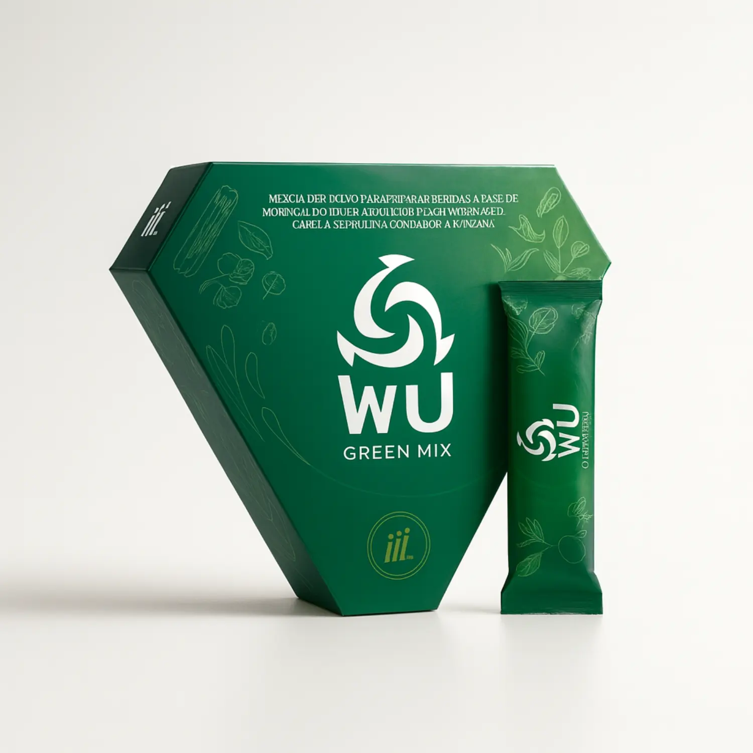 Sobres de WU! Green Mix, el mejor jugo verde en polvo para nutrir el organismo rápidamente.
