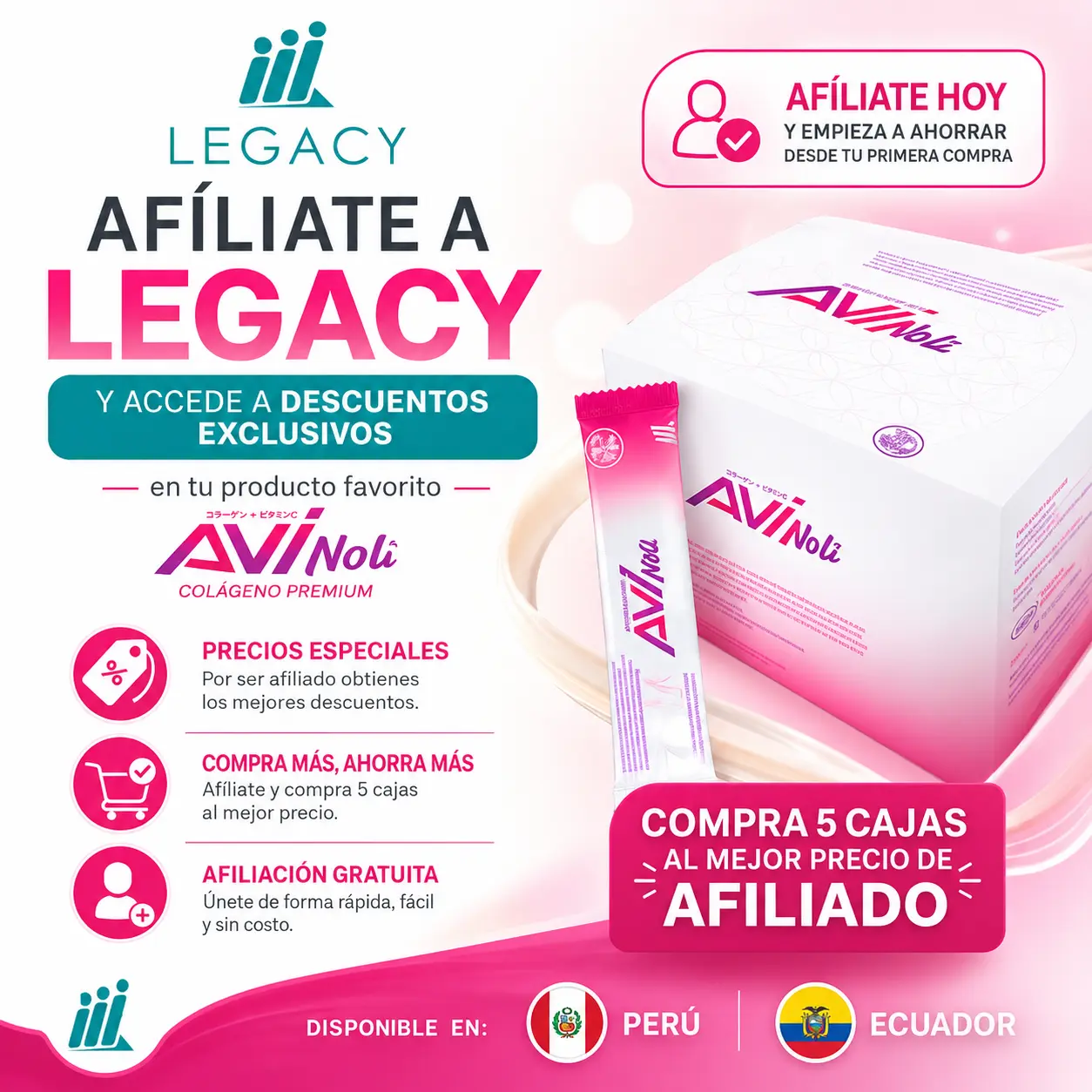Afiliarse a Legacy para obtener el Colágeno Avi con descuento en Perú y Ecuador