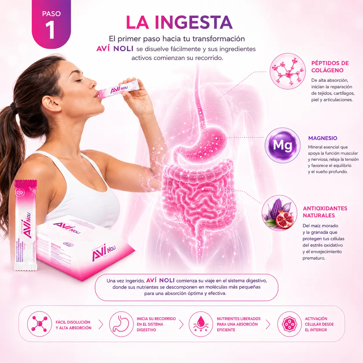 Ingesta de AVÍ NOLI colágeno con magnesio y antioxidantes