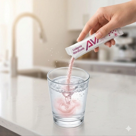 Colágeno hidrolizado avi disuelto en vaso con agua