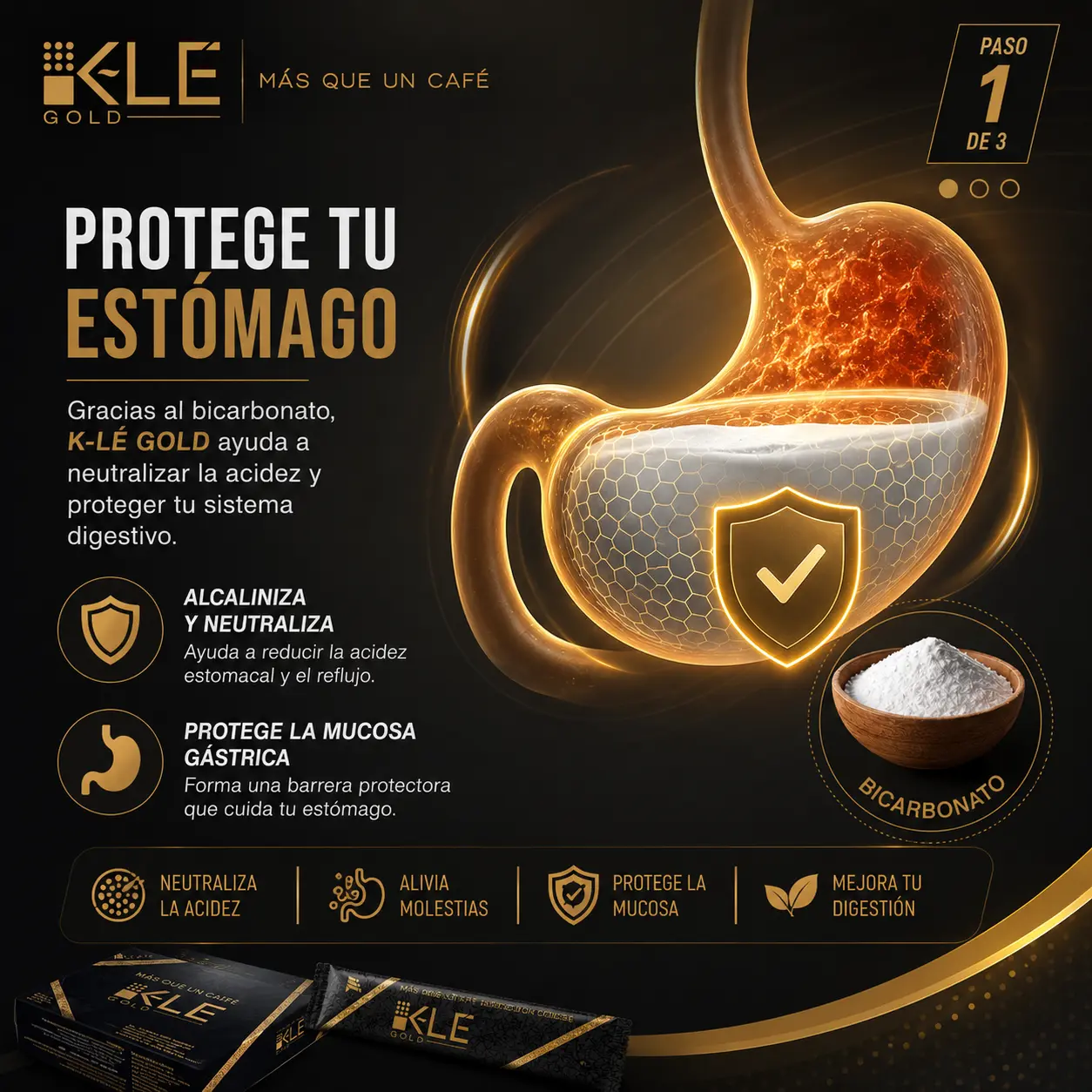 Alcalinización del estómago con K‑LÉ GOLD café con ganoderma