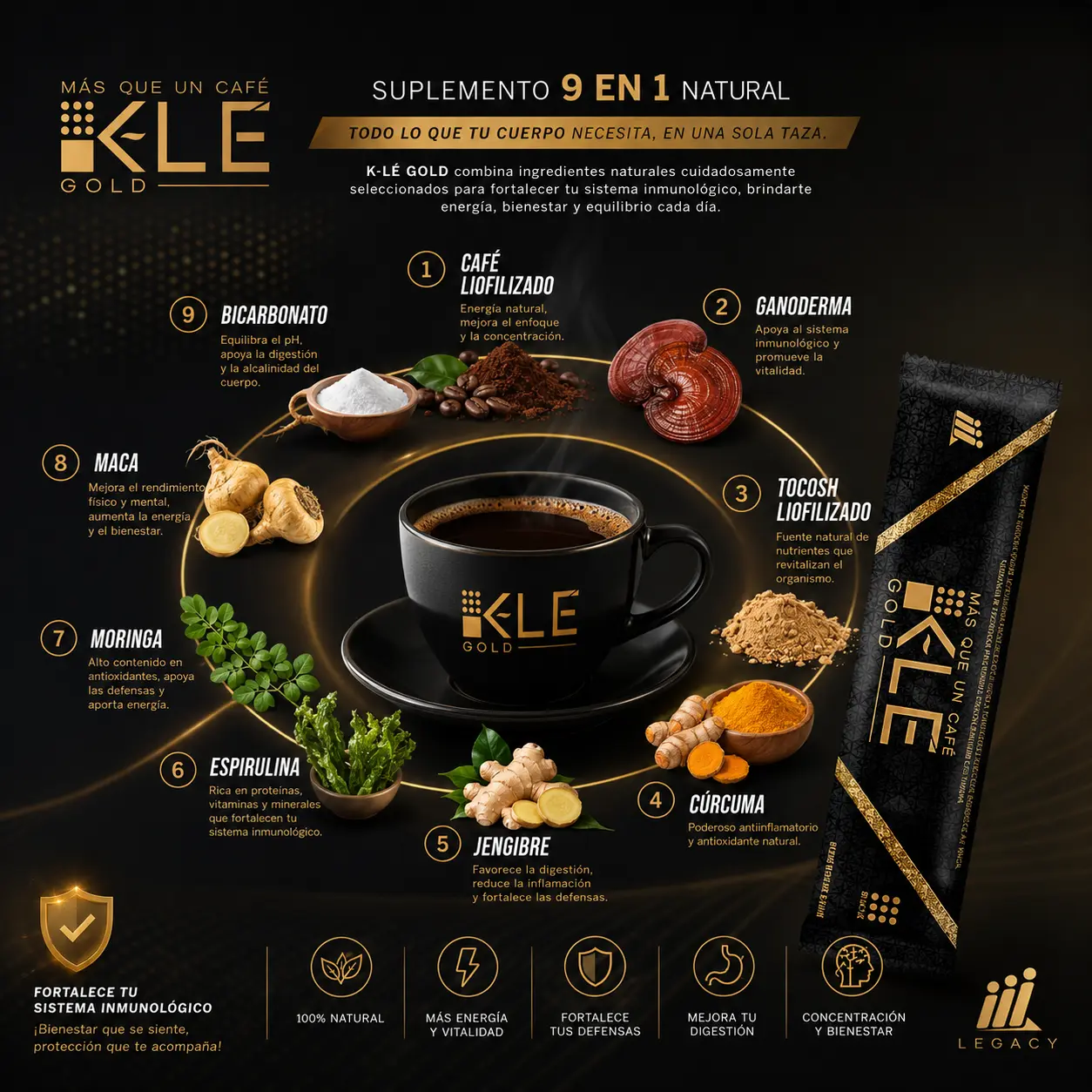 K‑LÉ GOLD suplemento 9 en 1 natural – beneficios del café liofilizado