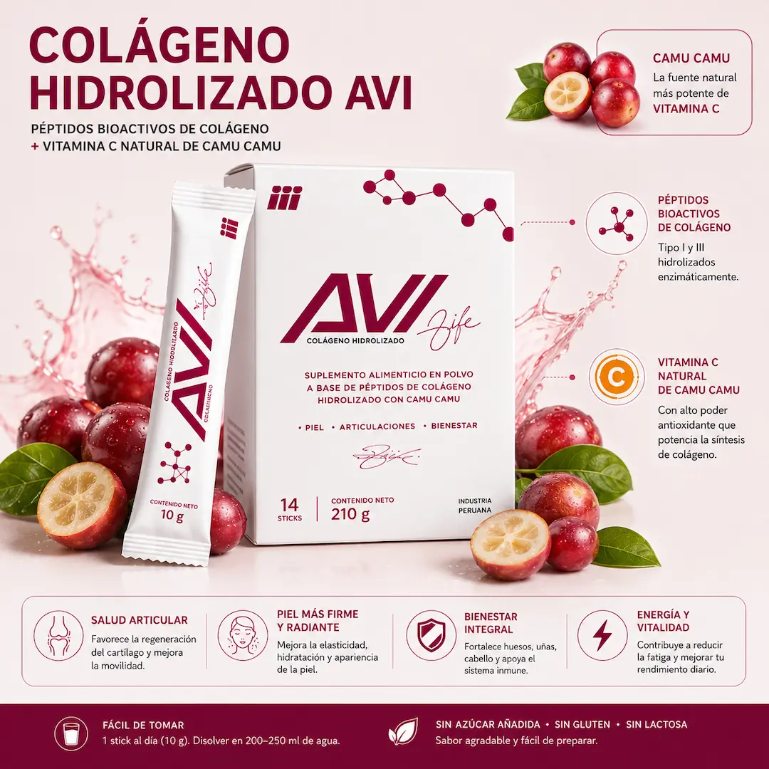 Colágeno hidrolizado AVI – péptidos bioactivos y camu camu en formato stick