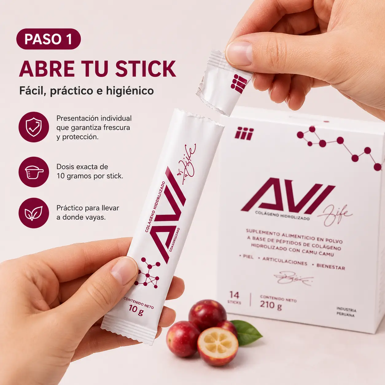 Abrir un stick individual de colágeno hidrolizado AVI