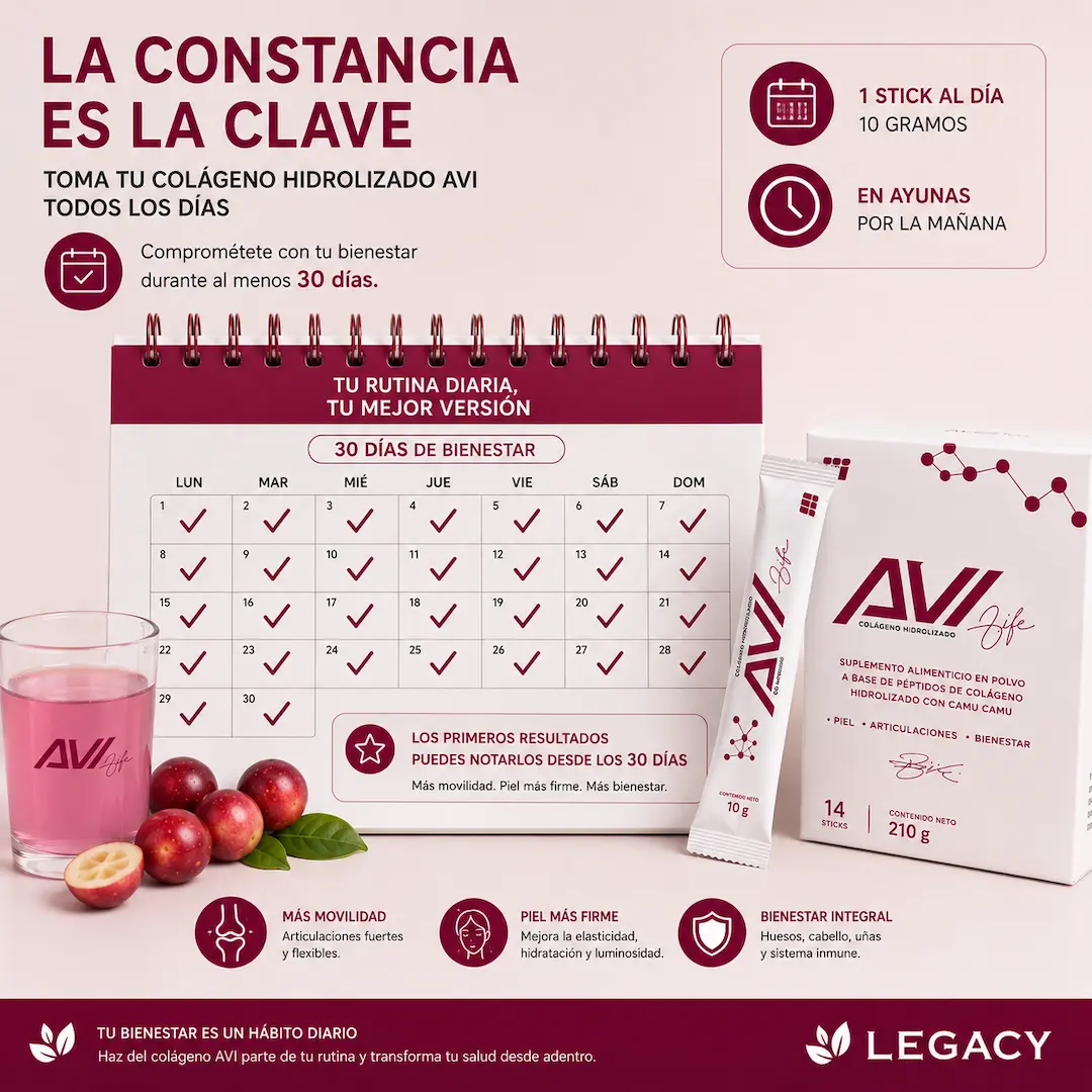 Calendario de 30 días de constancia tomando colágeno hidrolizado AVI