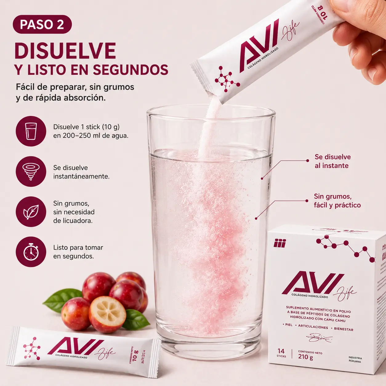 Disolver el colágeno hidrolizado AVI en un vaso de agua